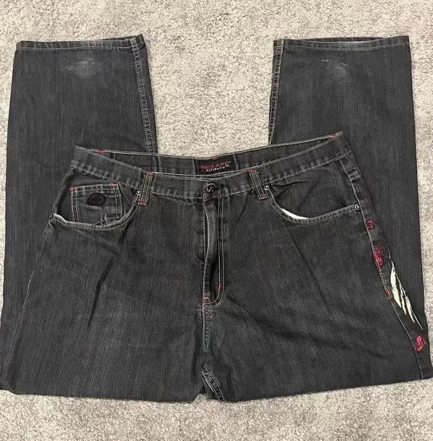Y2K Jeans Men Harajuku Retro Gothic Wing Embroidery Baggy Jeans Vintage Jeans Punk Hip Hop Gothic Wide Leg Pants Street Wear 240819