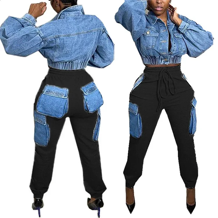 Women Streetwear Fashion Multi Denim Pocket Jogger Pants Autumn Winter Safari Style Cargo Sweatpants Trousers 240819