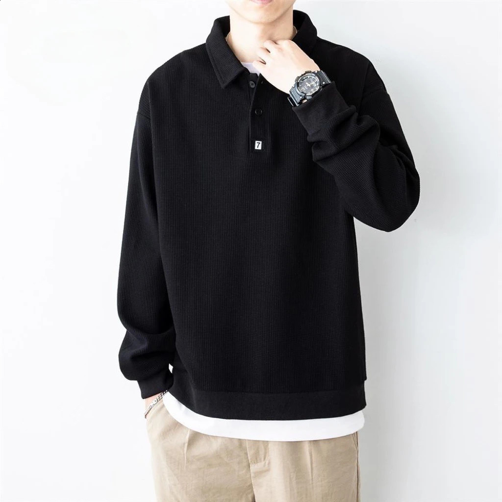 Mens Clothing Baggy Black Top Polo T Shirt for Man Unicolor Sweatshirts Plain 90s Vintage Harajuku Fashion Long Sleeve Full It 240819
