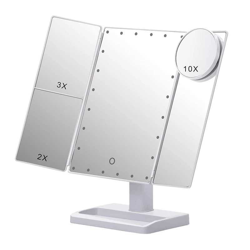 Trifold Makeup Mirror With 22 LED Lights10X/3X/2X Magnification Portable Fold Lighted Table Desk Cosmetic Mirror Y240819