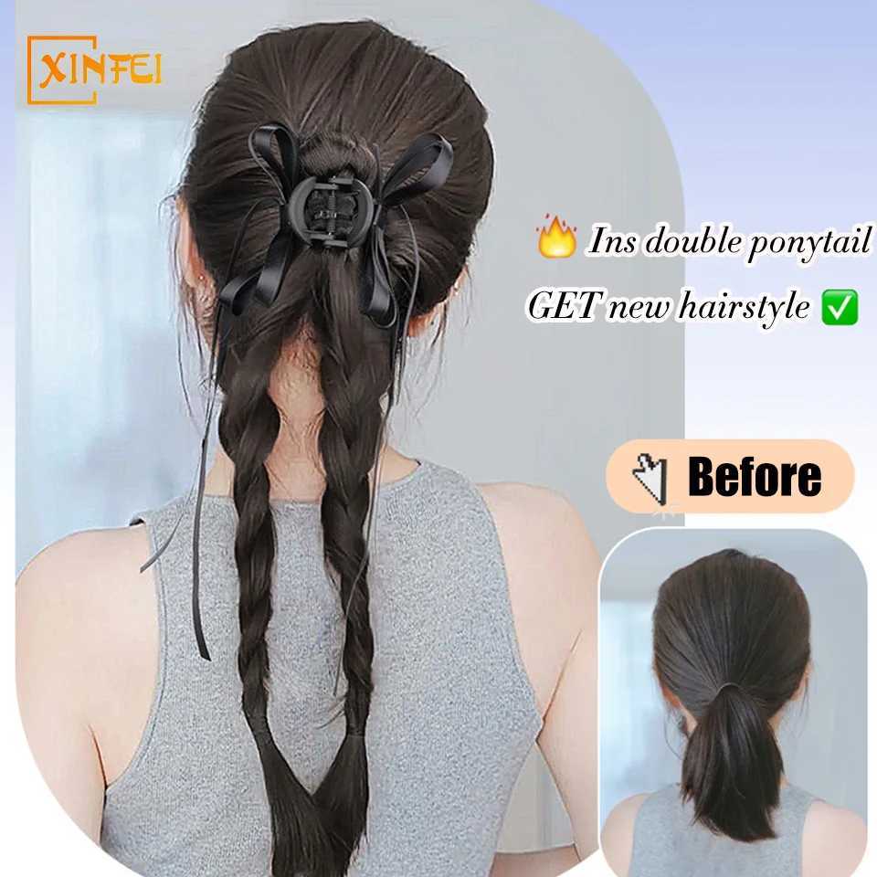 Synthetic wig ponytail womens natural hair extended ribbon fluffy grab clip style braided hair high ponytail hairstyle W240817