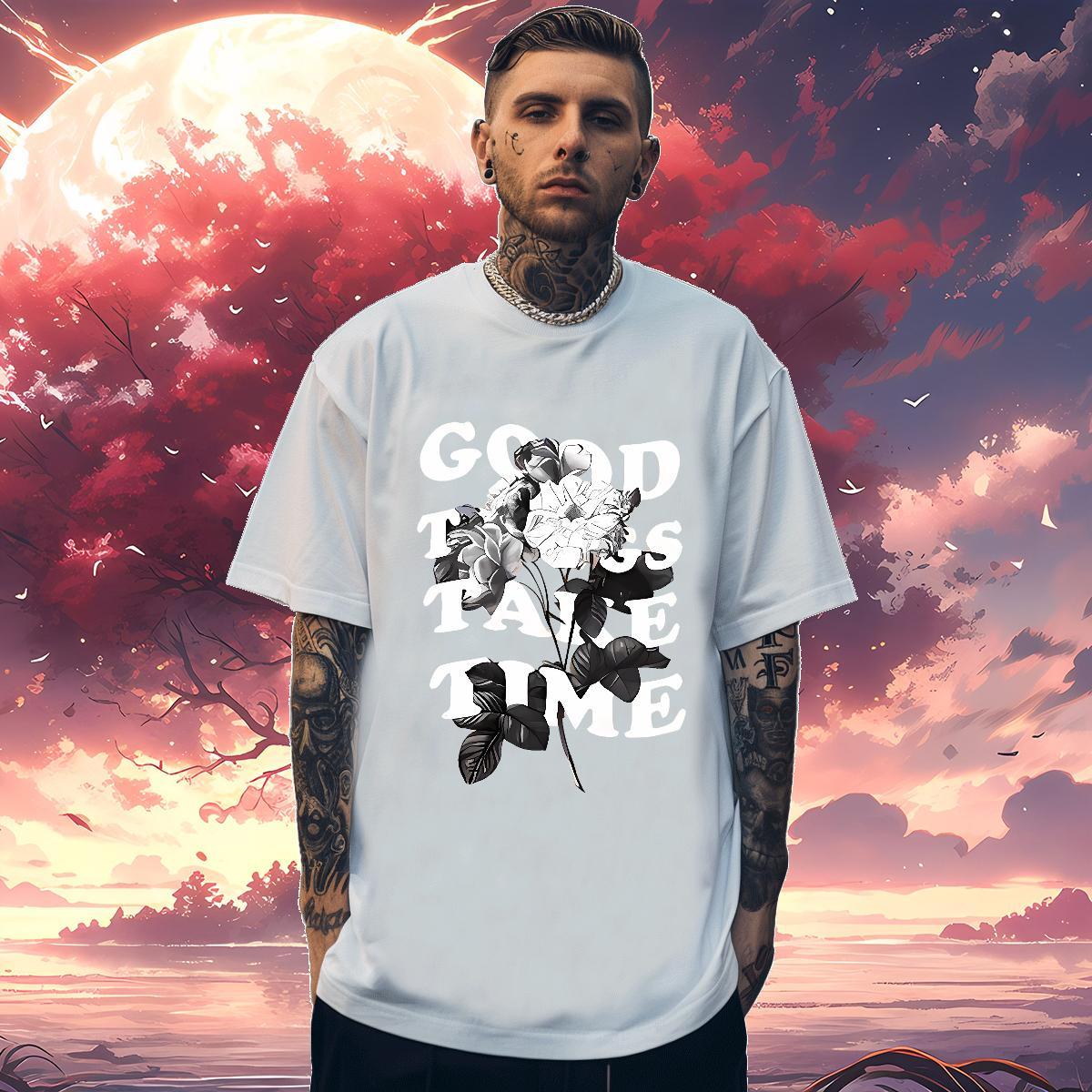 T shirt 100% Cotton 230g flower Summer Casual Pure Cotton DIY Logo Oversized Men Tshirts Fashion Design Wholesale Top Tees