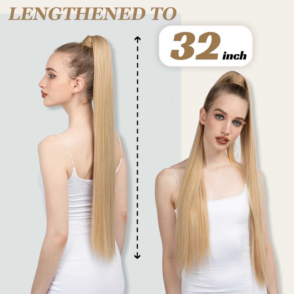 Synthetic long straight ponytail with hair extension of 32 inches clipped onto a fake wig with blonde hair wrapped around the braid smooth ponytail W2