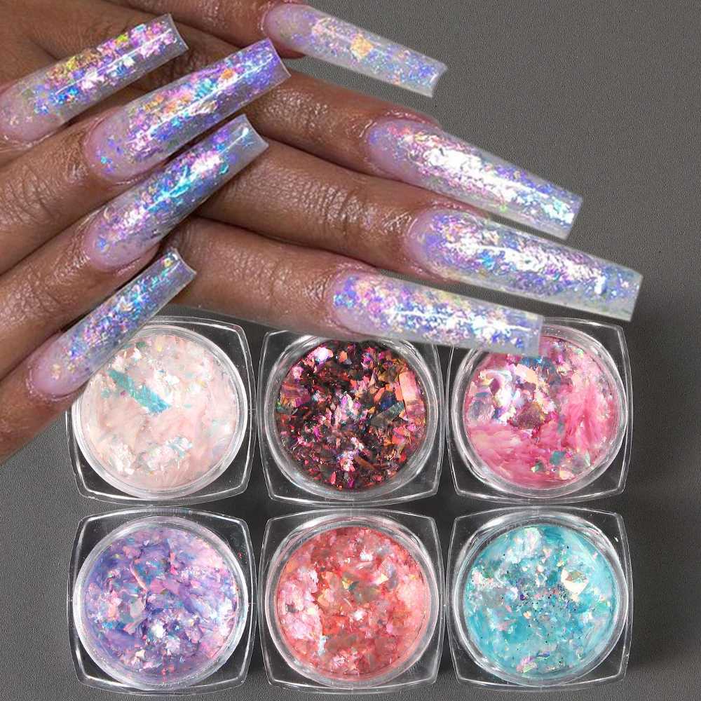 2 Boxes Shiny Mermaid Opal Powder Chunky Nail Glitter Iridescent Pink Purple Chameleon Pigment Yuki Flakes Manicure PaillettesXJ240815