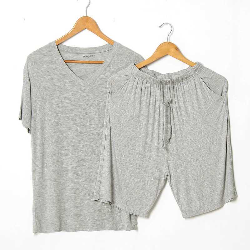 Summer Modal Pajama Set Thin Short sleeved T-shirt Short sleeved Mens Casual Set 2-piece V-neck Solid Color Home ClothesW240719
