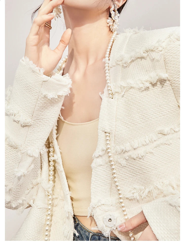 y beaded long sleeve short coat wool tweed fashion autumn winter single button jacket small perfume women 240819