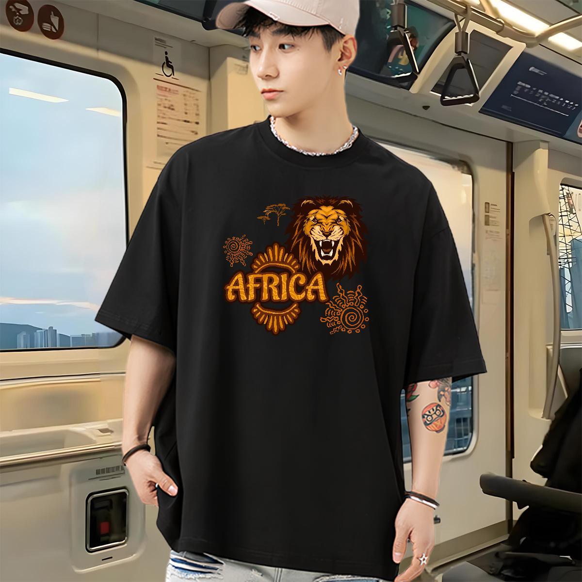 Wholesale Men Tshirts Africa lion Home Outdoor 100% Cotton 230g Polos Breathable Crew Neck Popular Men T Shirts Floral Print