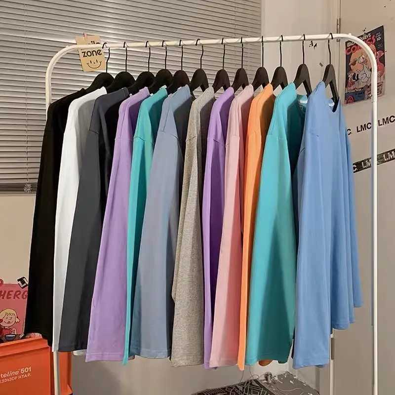 Autumn Men T-shirts Long Sleeve Loose Solid Color Drop Shoulder Tops For Unisex Korean Style 100% Cooton Male Casual TeesXJ240819