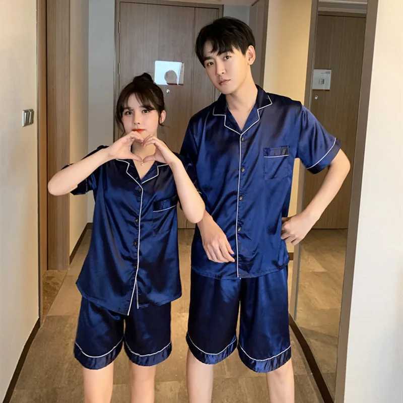 New couple sleepwear silk satin solid color sleepwear set short sleeved family clothing sleepwear womens sleepwearW240719