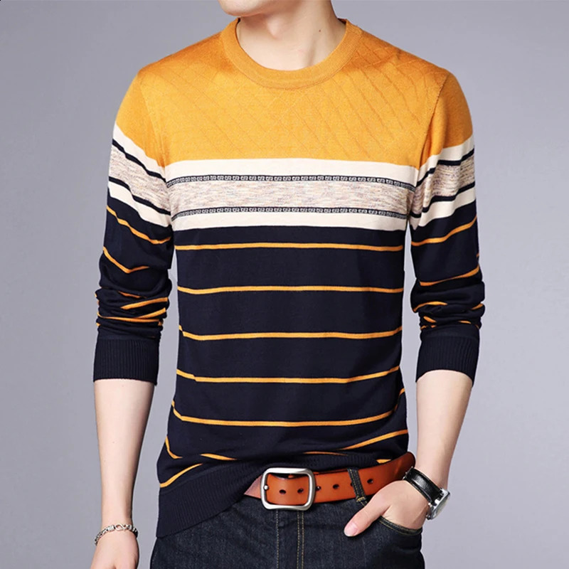 Mens Casual Striped Knit Spring and Autumn Long Sleeved Pullover Fashion Top 240820
