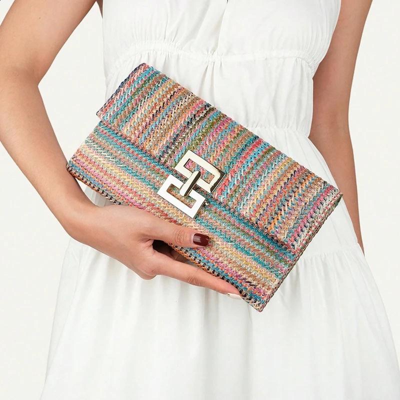 3 Fashion Colorful Women Clutch Purse Lightweight Small Straw High Quality Summer Casual Magnetic Snap Woven Bag 240820 4