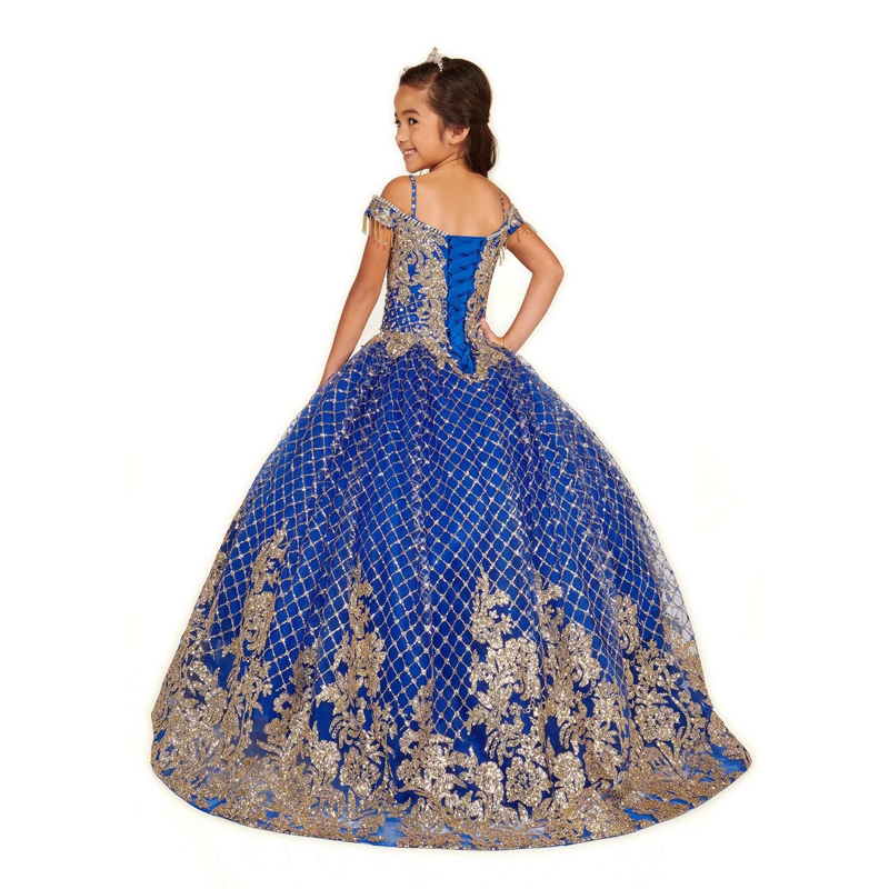 Blue Mini Quinceanera Dresses Ball Gown Off The Shoulder Appliques Lace Sparkly Long Flower Girl Dresses For Weddings Mexican Charro Pageant Dresses B