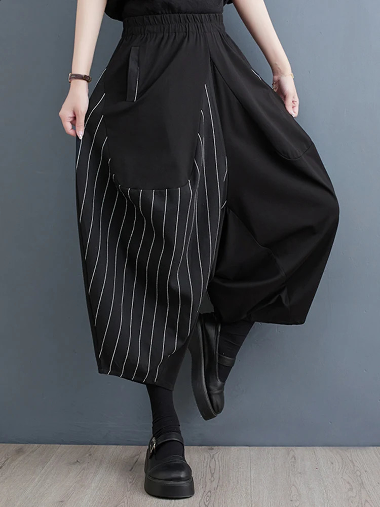 Black Vintage Patchwork Striped High Waist Wide Leg Pants Women Loose Casual Ladies Trousers Fashion Streetwear Summer 240820
