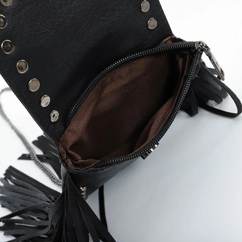 1 piece of European and American fashion soft leather rivet tassel bag chain shoulder cross small bag womens bag 240820