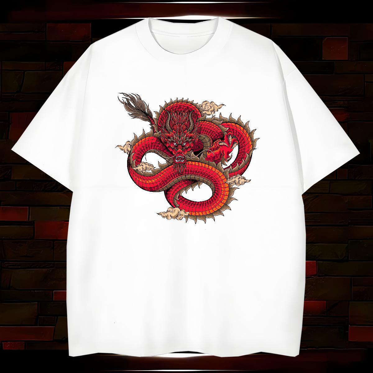 T Shirts Men 230g Pure Cotton dragon Sports Casual Crew Neck Breathable Cartoon Printing L-4XL Tshirts Fashion New Comfortable Clothes