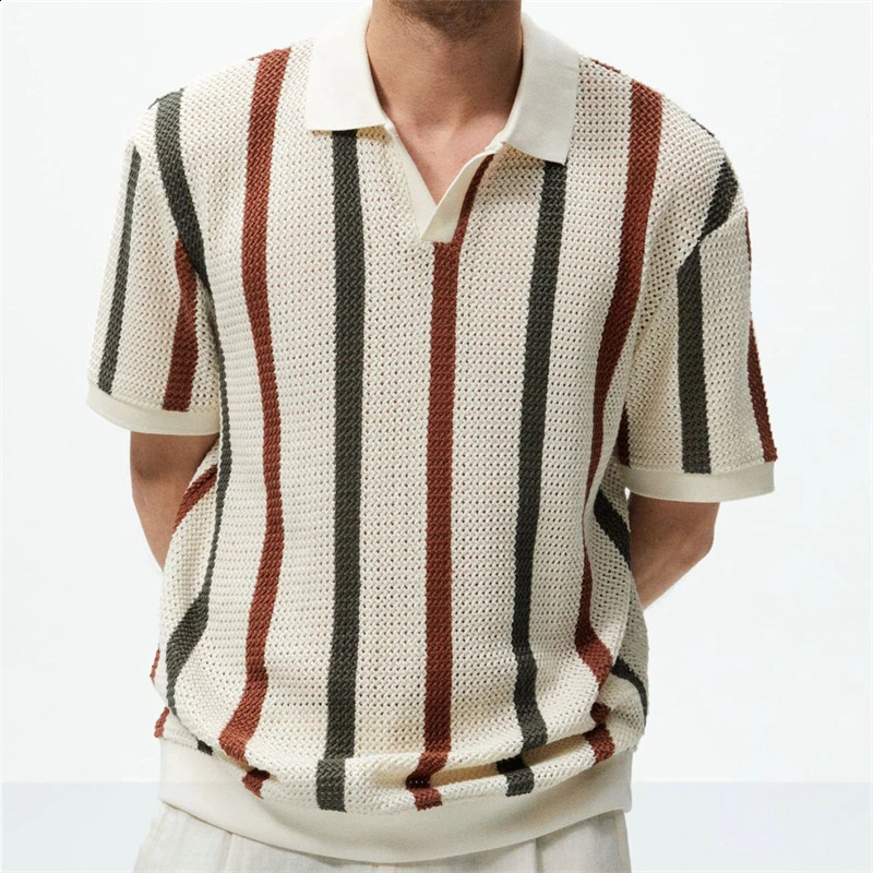 Men Trendy Vintage Striped Patchwork Polo Collar Short Sleeve T-shirt Summer Hollow Casual Loose Pullover Knit Tops Ropa Hombre 240820