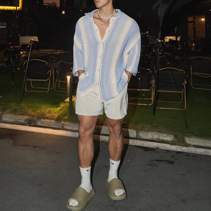 Streetwear Mens Y2K Shirts Knit Lapel Buttoned Short Sleeve Shirt Casual Men Knitwear Contrast Color Patchwork Knitted Shirt 240819
