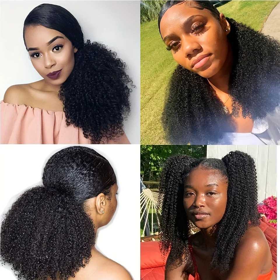 African twisted curly ponytail with black female hair extending and wrapped around the 3C 4A curly ponytail W240817