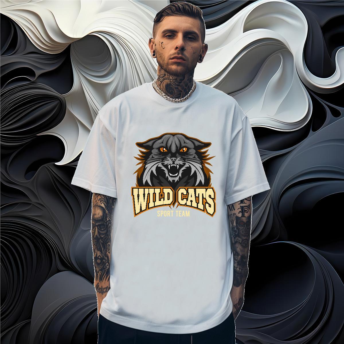 High Quality Men T Shirts wild cat Crew Neck Street wear Hip Hop Anime 230g Pure Cotton Tshirts Casual New Tees Shirts