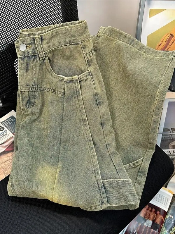 Spring Men and Women Strt Personzed Washed Straight leg Jeans Couple Loose Wide Leg Floor Raging Casual Pants Z260313