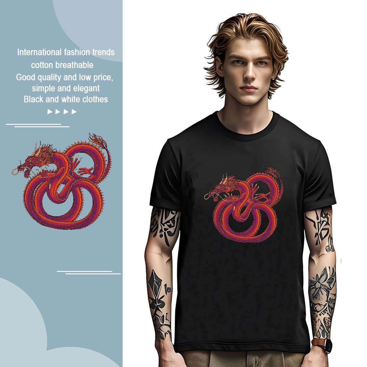 Cool dragon T Shirt For Man Summer Casual Mens Tshirts 230g 100% Cotton 2024 DIY Short Sleeve Soft Black Oversized Tops