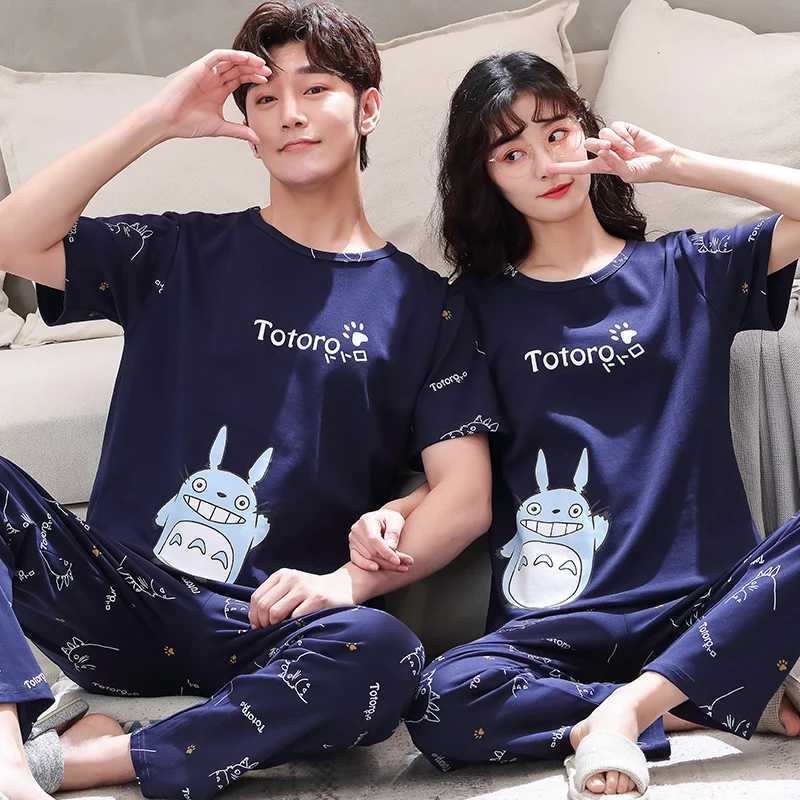 Summer couple pajama set womens spring pajama cartoon dinosaur Korean couple homemade cotton short sleeved pajamaW240719