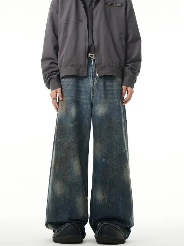 American retro tie dye washed straight leg men and women trendy jeans couple hip-hop street loose wide leg casual pants y2k 240819