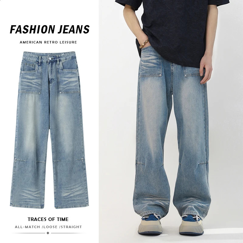 Mens High Street Fashion Baggy Jeans Blue Y2K Four Seasons Comfortable Soft Vintage Casual Straight Denim Pants Streetwear Male 240822