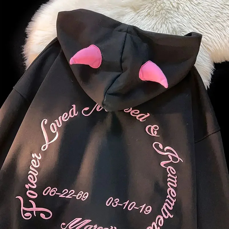 Harajuku Devil Horn Alphabet Star Print Sportswear Mens and Womens Hoodies Loose Hoodies Y2K Mens and Womens Street Wear 240814