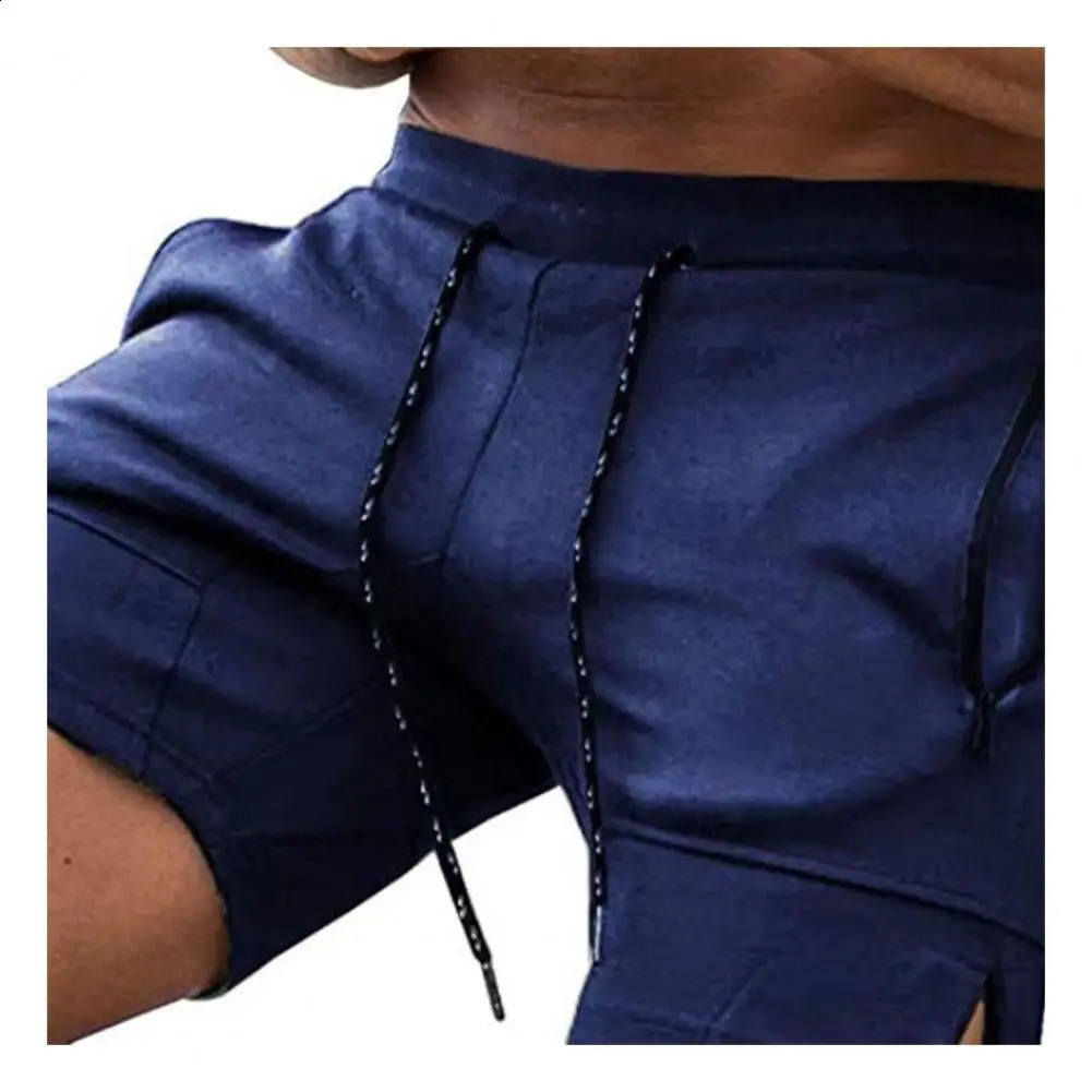 Short zipper pocket drawstring closure mens mid rise sports shorts jogging training fitness 240819