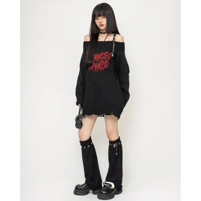 Womens Clothing Black Knitting Sweater Off Shoulder Long Sleeves Vintage Casual Korean Fashion Baggy Ladies Spring Grey Tops 240819
