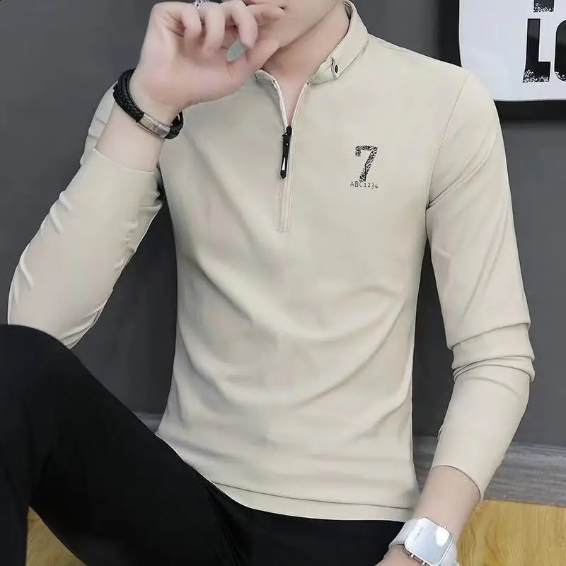 Mens Spring Autumn Turtleneck Solid Pullover Zipper Printed Long Sleeve T-shirt Undershirt Office Lady England Style Loose Tops 240820