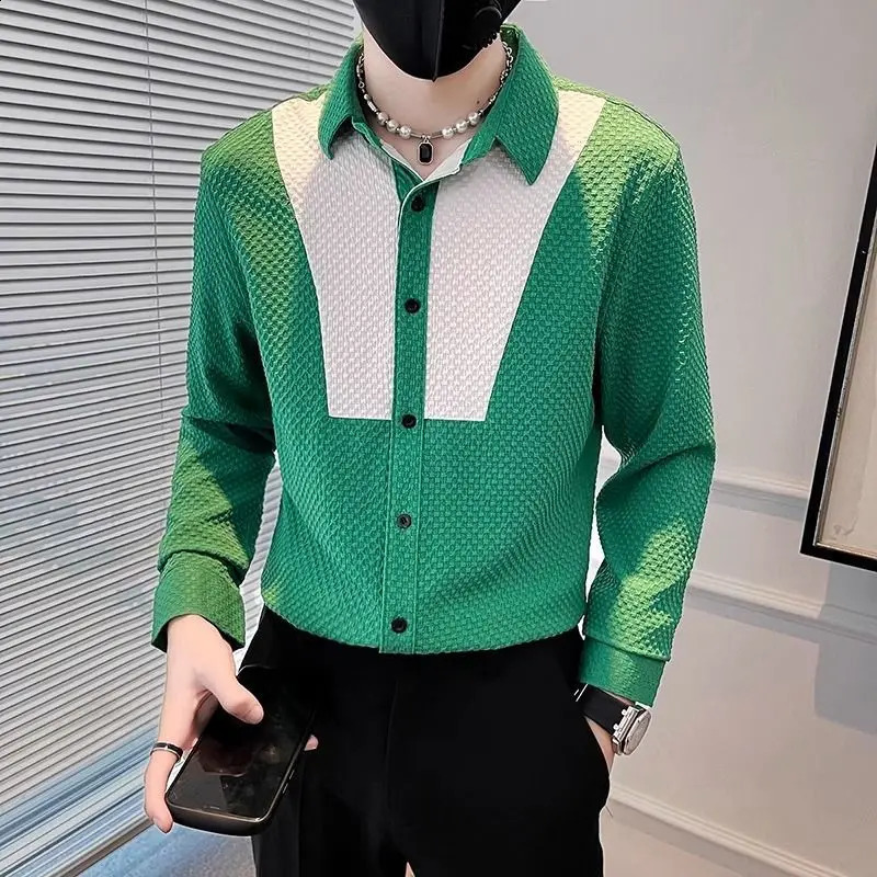 Spring Autumn Fashion Square Collar Long Sleeve Shirts Mens Clothing Button Color Blocking Cardigan Korean Loose Trend Blouse 240820