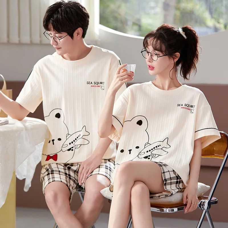 Short Sleep Top and Pants 2 pieces/set Summer Pajamas Mens Evening Dress Cotton Womens Wear Korean Couple Home Clothing Direct ShippingW240719