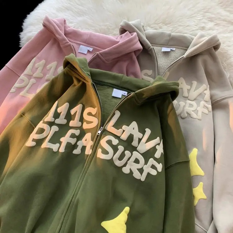 American Letter Print Hoodies Cardigan Womens Y2K Street Hip-Hop Trend Sweatshirts Couple Lazy Wind Loose Zipper Hoodies Coat 240819