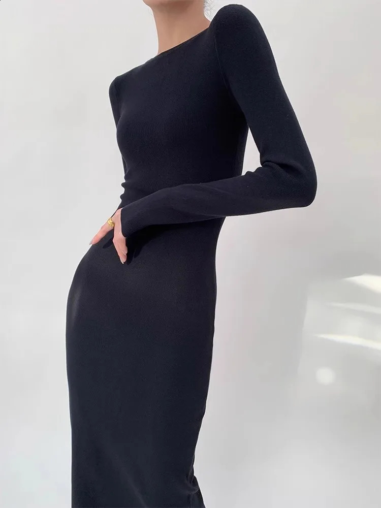 Black Knitted Dress For WomenS Spring And Autumn Style Simple And High End Hip Hugging Slim Fit Long Dress 240819