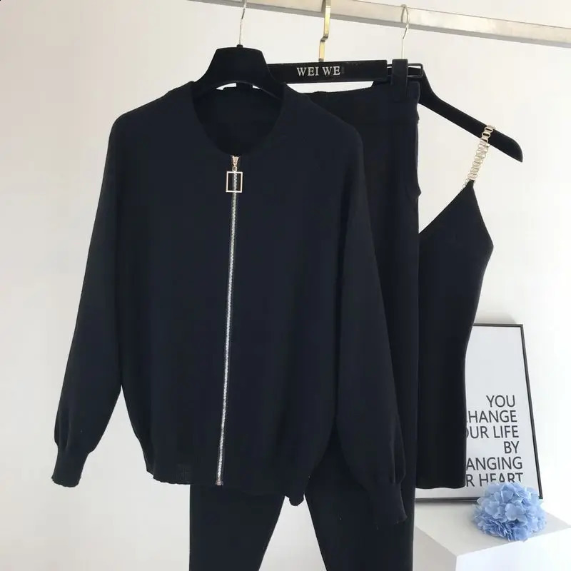 Cardigan CoatSpaghetti Strap Vest Capris Jogging Pants 3 Piece Sets Women Korean Slim Knit Outfits Elegant Knitwear Tracksuit 240819