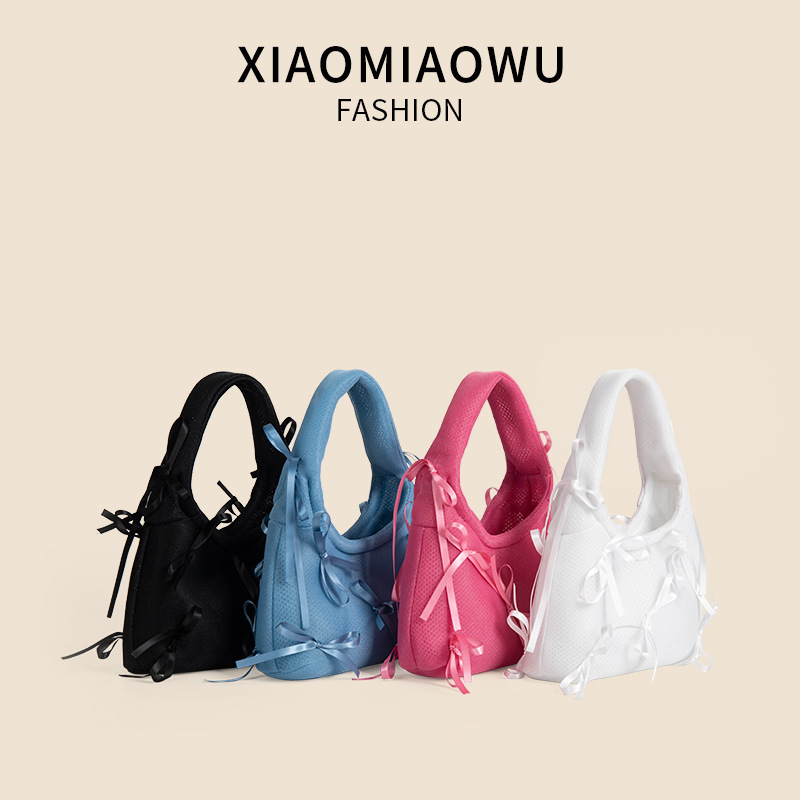 Ins fashion diamond grid bow niche design 2024 summer breathable mesh high-end hand-held women's bag