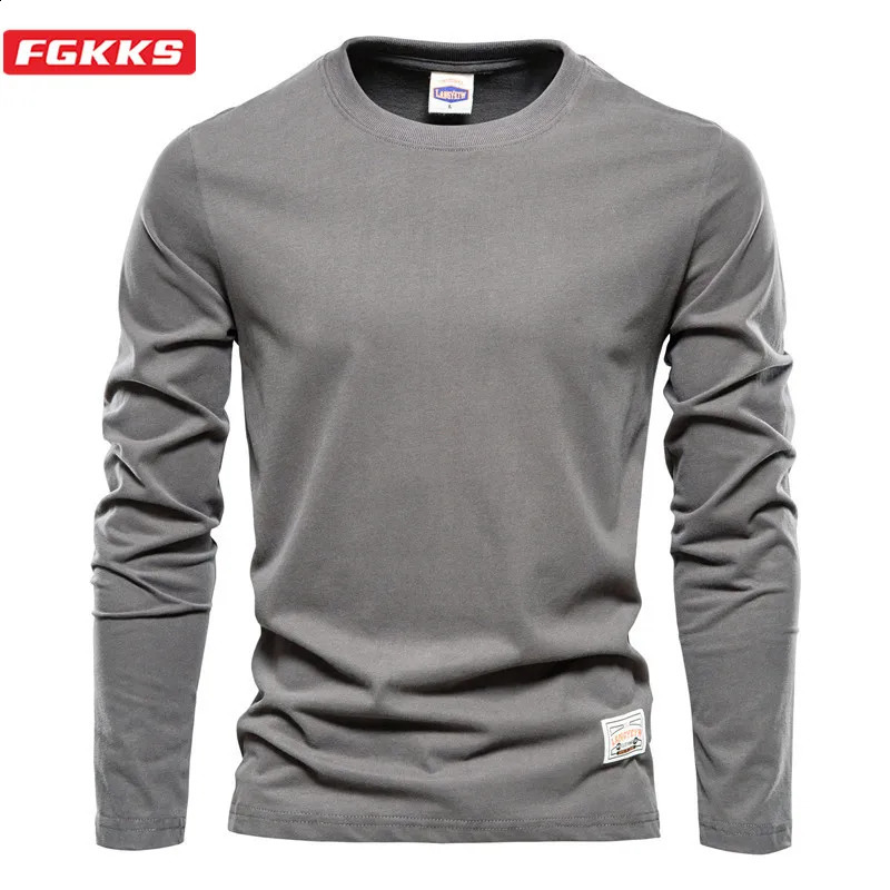 FGKKS Cotton Long Sleeve T shirt For Men Solid Spring Casual Mens T-shirts High Quality Male Tops Classic Mens T-shirt 240820