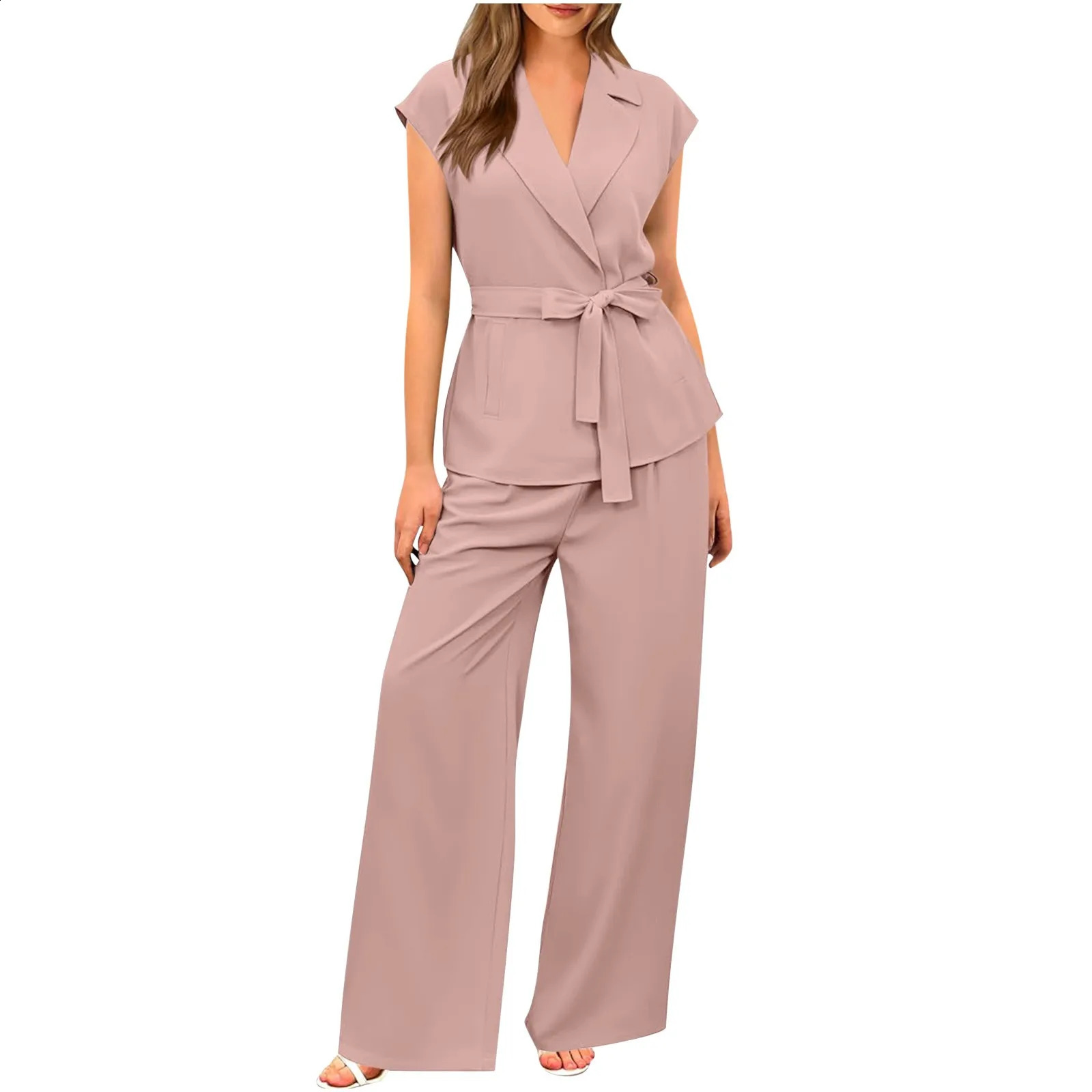 2024 WomenS Pant Set Fashion Casual Sleeveless Loose Lace-Up Cardigan Top Elegant Vintage High Waist Wide Leg Trousers 2-Piece 240819