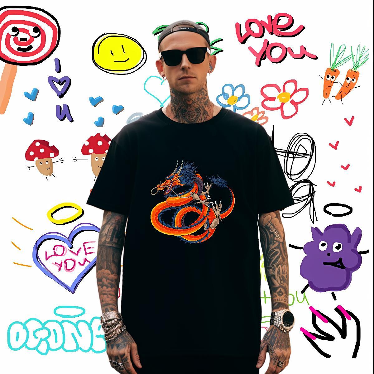 Classic dragon T shirt Beach Men Clothes T-Shirt 230g Pure Cotton Classic Casual Short Sleeve Soft Cartoon Printing L-4XL Top Tees