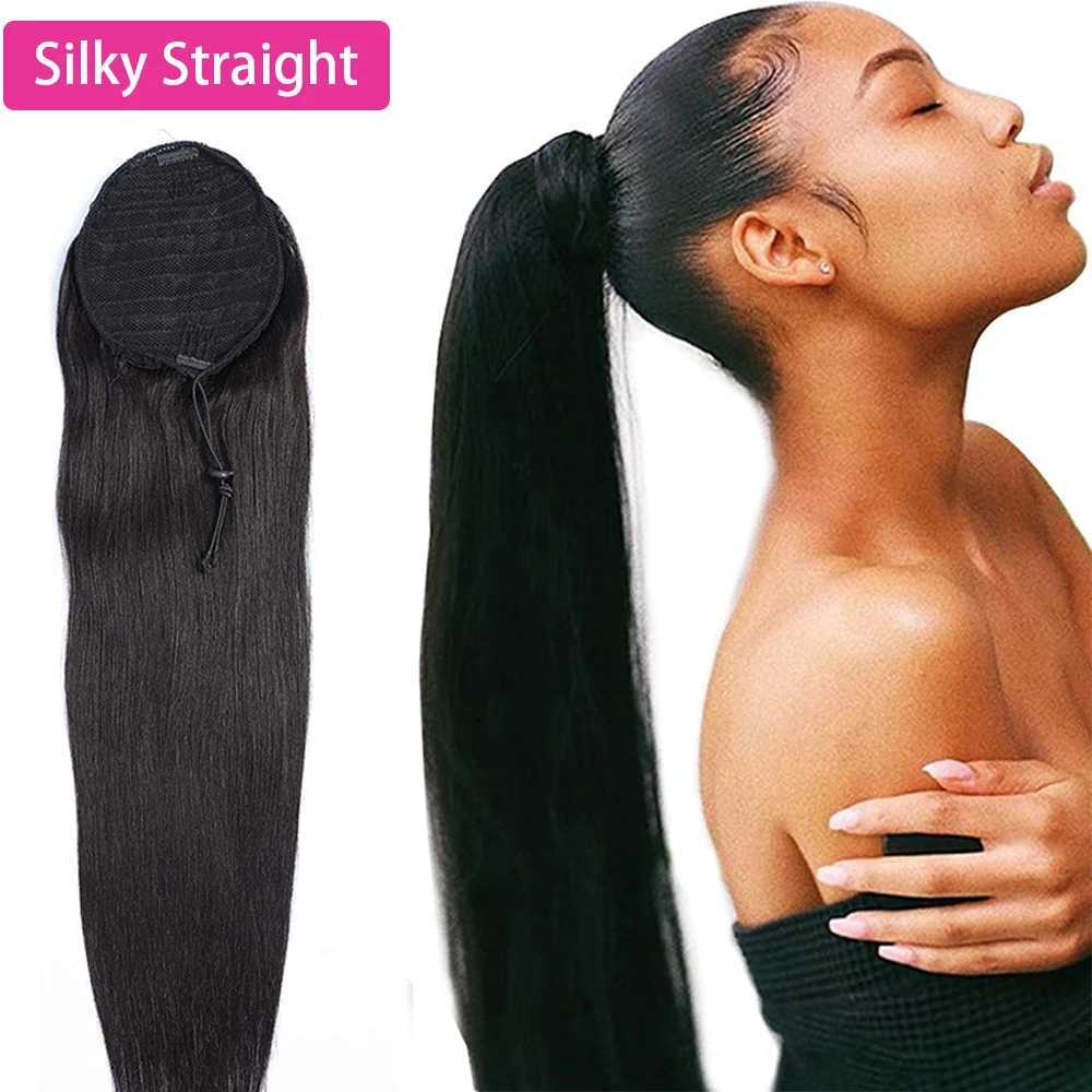 30 32 34 inch ponytail human hair extension straight ponytail brushed and packaged 10A high quality W240817
