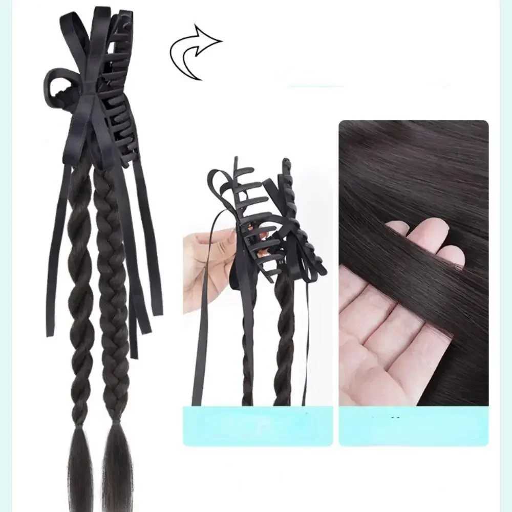 Chinese style synthetic fiber ribbon bow twisted brain ponytail clip in female simulated boxing brain ponytail extension W240817
