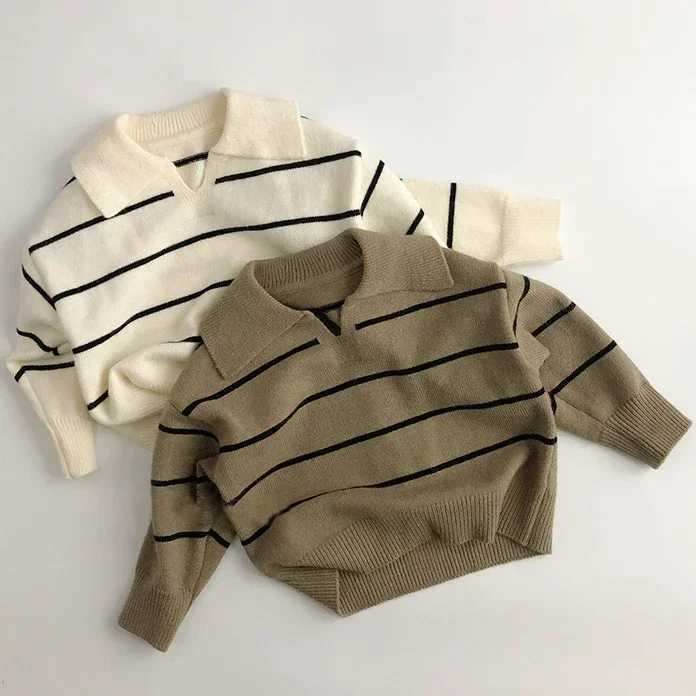 Childrens striped Korean sweater with spring and autumn V-neck and floral pattern boys cotton turtle neck sweater winter girls top W240820