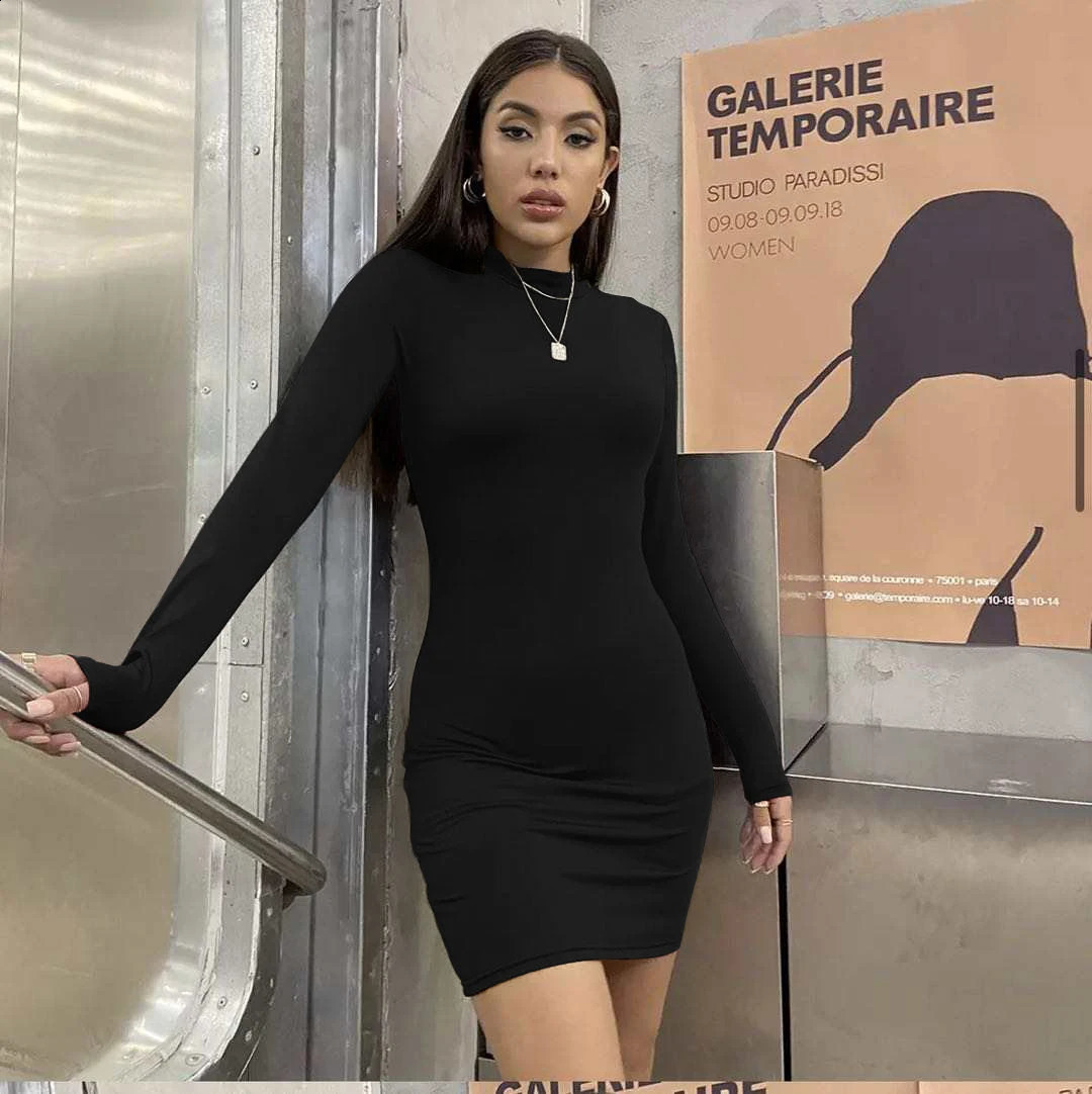 Women Winter Sexy Long Sleeved Dress Elastic Force Slim Mini Dresses 240819