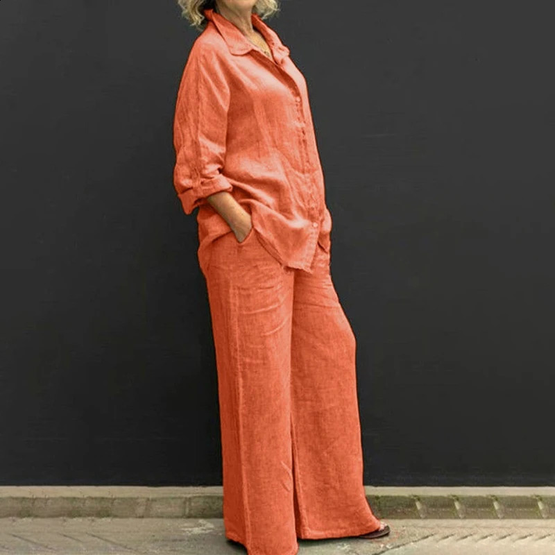 Plus Size Cotton Linen 2Pcs Set Women Autumn Long Sleeve Shirt Trousers Set Fashion Solid Straight Pants Suits Women Outfits 240820