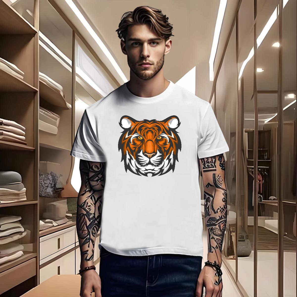 Fashion Men Tshirts tiger Sports Casual 100% Cotton 230g Tees Shirts Breathable Crew Neck Classic T-Shirts Cartoon Printing L-4XL