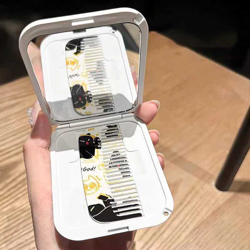 Cartoon Black Cat Pattern Flip-Top Folding Makeup Mirror Portable Pocket Mirror Rectangle Cosmetic Mirror With Comb For Women Y240819