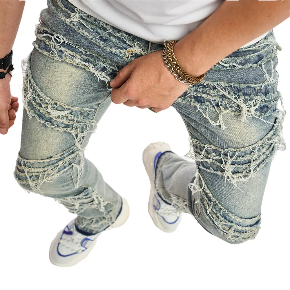 Vintage Street Men Stacked Spliced Straight Biker Jeans Pants Good Quality Male Slim Casual Denim Trousers 240819