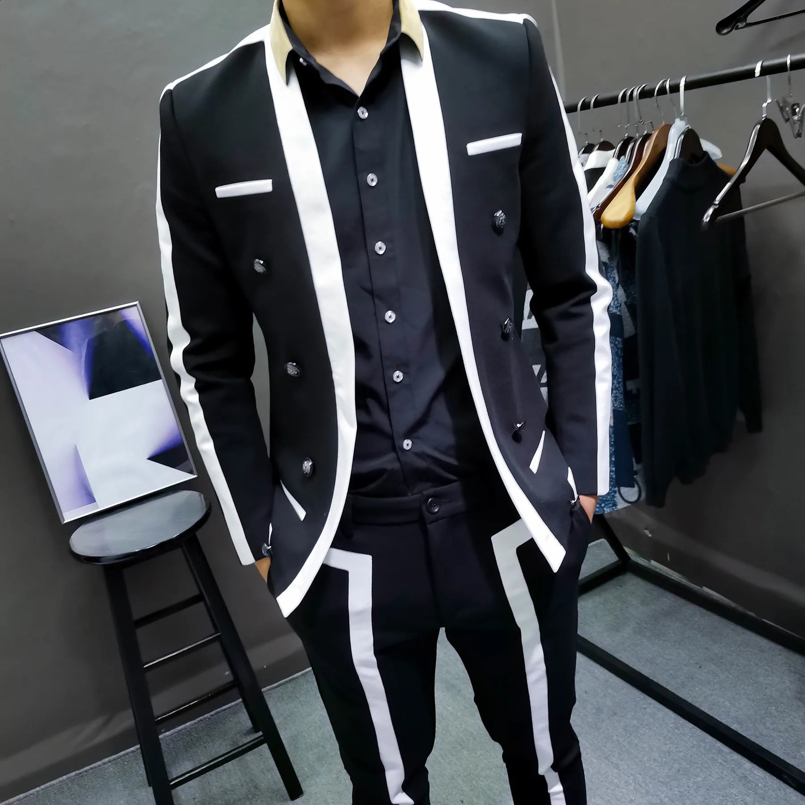 Trajes De Hombre Contrast Stripe Blalck White Suit Male Wedding Groom Suit Spring Disguised Men Slim Stage Outfit Men Party Suit 240819